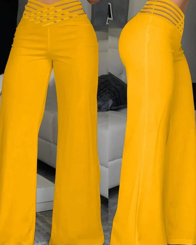Women Wide Leg Flared Pants 2024 New Y2k Casual Crisscross Sheer Mesh Patch High Waist Trousers Elegant Streetwear Work Pants