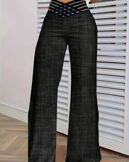 Women Wide Leg Flared Pants 2024 New Y2k Casual Crisscross Sheer Mesh Patch High Waist Trousers Elegant Streetwear Work Pants