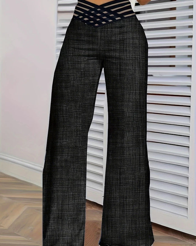 Women Wide Leg Flared Pants 2024 New Y2k Casual Crisscross Sheer Mesh Patch High Waist Trousers Elegant Streetwear Work Pants
