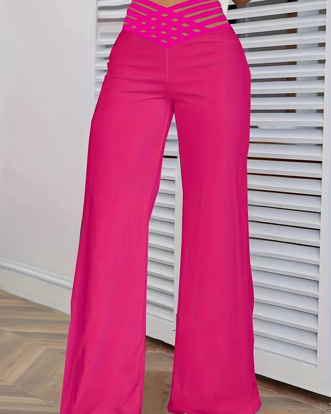 Women Wide Leg Flared Pants 2024 New Y2k Casual Crisscross Sheer Mesh Patch High Waist Trousers Elegant Streetwear Work Pants