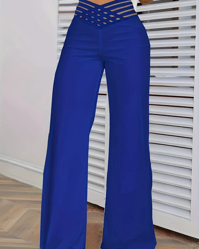 Women Wide Leg Flared Pants 2024 New Y2k Casual Crisscross Sheer Mesh Patch High Waist Trousers Elegant Streetwear Work Pants