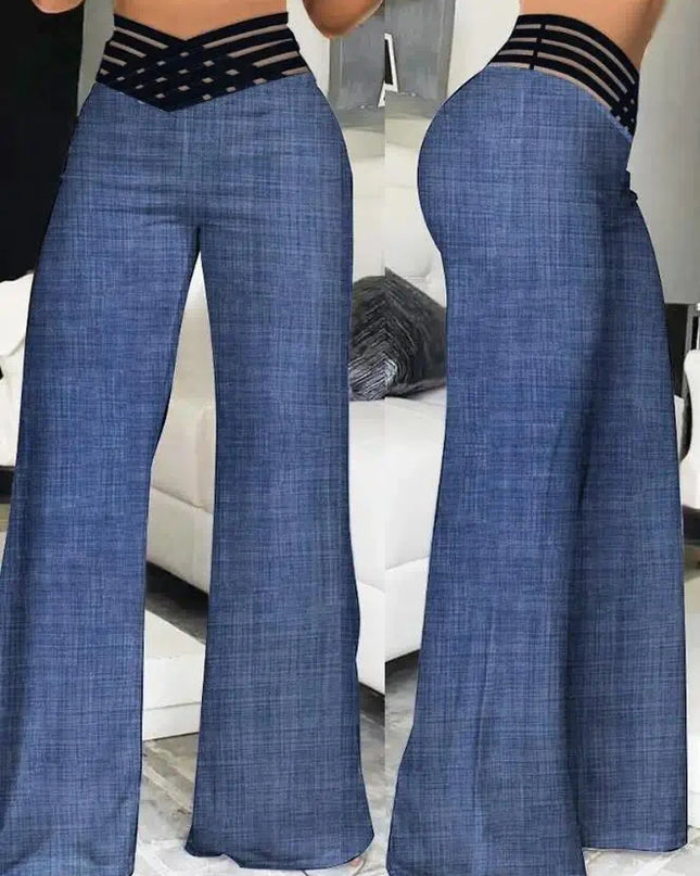 Women Wide Leg Flared Pants 2024 New Y2k Casual Crisscross Sheer Mesh Patch High Waist Trousers Elegant Streetwear Work Pants