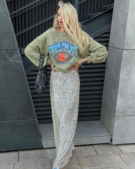 Sequin Female Sexy Maxi Skirt Summer Fashion Glitter High Waist Loose Elegant Club Long Skirt Sparkle Women Long Skirt New