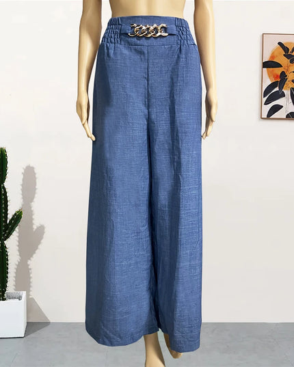 High Waist Solid Color Wide Leg Pants Summer Chic Loose Elegant Metal Flared Pant Office Ladies Straight Holiday Women Trousers