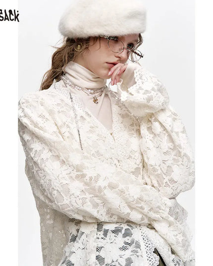 ELFSACK 2024 Winter New Arrivals White lace semi transparent chiffon shirt for women, layered top
