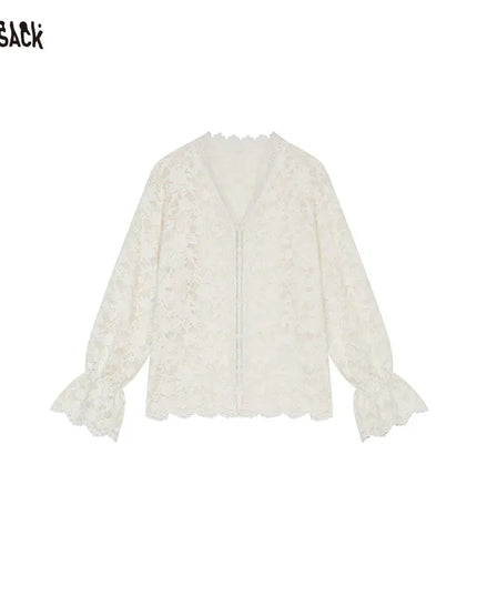 ELFSACK 2024 Winter New Arrivals White lace semi transparent chiffon shirt for women, layered top