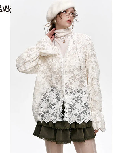 ELFSACK 2024 Winter New Arrivals White lace semi transparent chiffon shirt for women, layered top