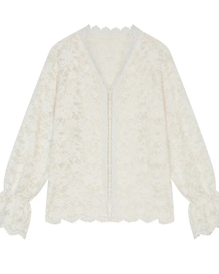 ELFSACK 2024 Winter New Arrivals White lace semi transparent chiffon shirt for women, layered top