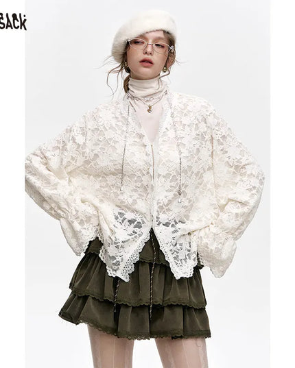 ELFSACK 2024 Winter New Arrivals White lace semi transparent chiffon shirt for women, layered top