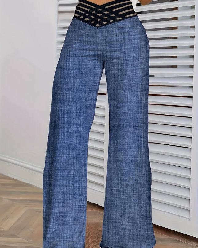 Women Wide Leg Flared Pants 2024 New Y2k Casual Crisscross Sheer Mesh Patch High Waist Trousers Elegant Streetwear Work Pants