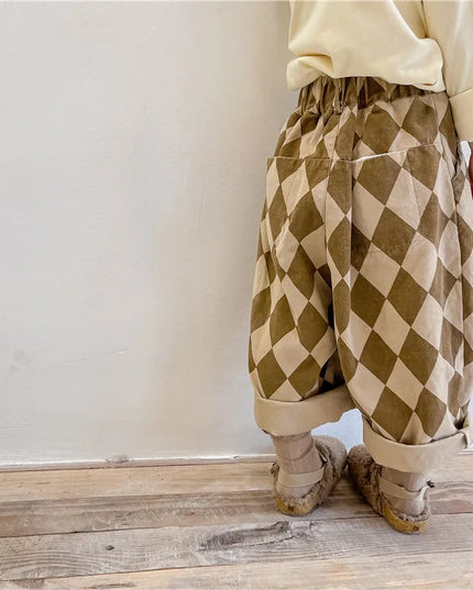 2024 New Autumn Baby Boys Plaid Pants – Korean Style Casual Loose Harem Trousers for Toddlers & Kids
