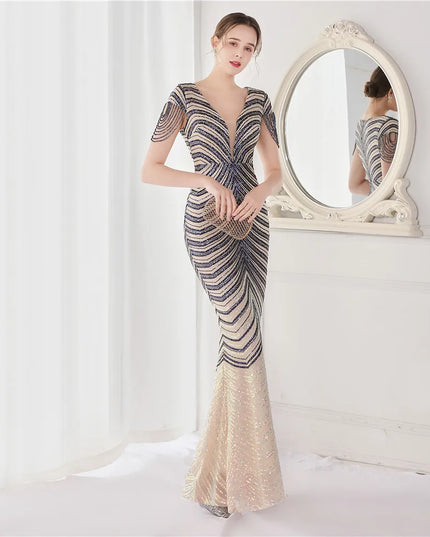 DEERVEADO Elegant V Neck Mermaid Evening Dress Long Luxury Beads Women Evening Party Dresses 2023 New Formal Dress 19085