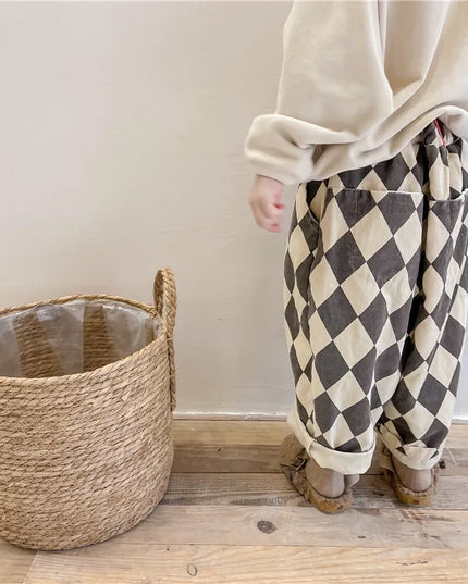 2024 New Autumn Baby Boys Plaid Pants – Korean Style Casual Loose Harem Trousers for Toddlers & Kids