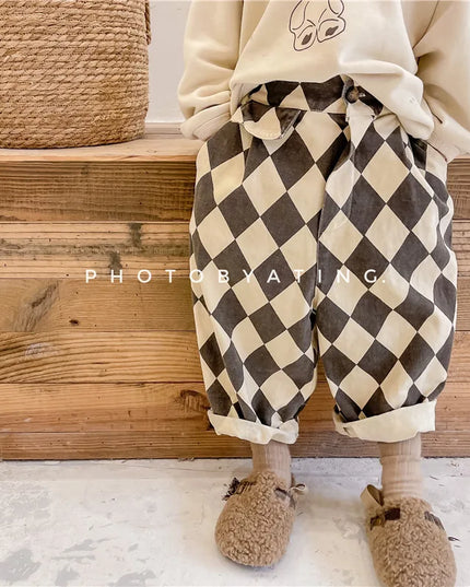 2024 New Autumn Baby Boys Plaid Pants – Korean Style Casual Loose Harem Trousers for Toddlers & Kids