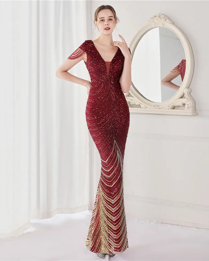 DEERVEADO Elegant V Neck Mermaid Evening Dress Long Luxury Beads Women Evening Party Dresses 2023 New Formal Dress 19085