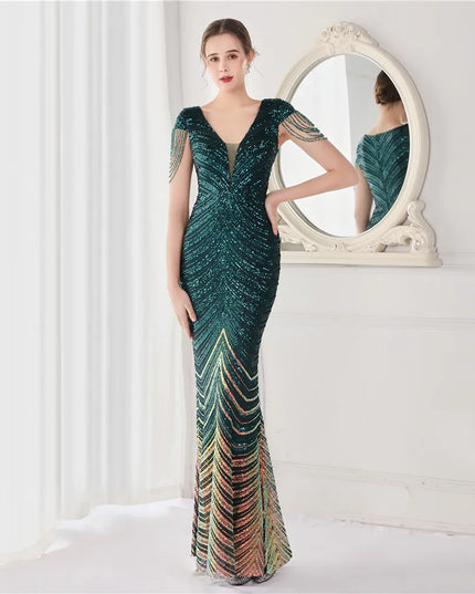 DEERVEADO Elegant V Neck Mermaid Evening Dress Long Luxury Beads Women Evening Party Dresses 2023 New Formal Dress 19085