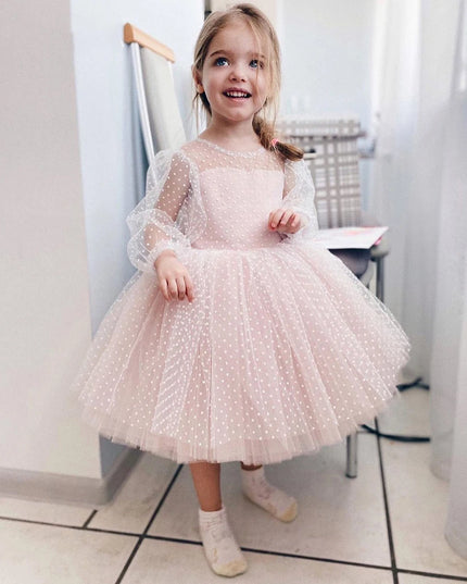 Flower Girl Wedding Dress Kids Pink Birthday Party Bow Princess Clothes Baby Evening Gala Costume Summer Ruffle Sleeve Tutu Gown