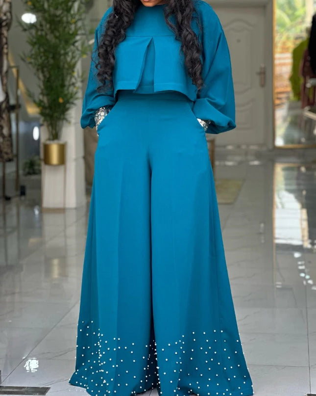 two piece sets women outfits o neck long lantern sleeve tops Embroidered Flares wide leg trousers fashion casual party Pant Sets
