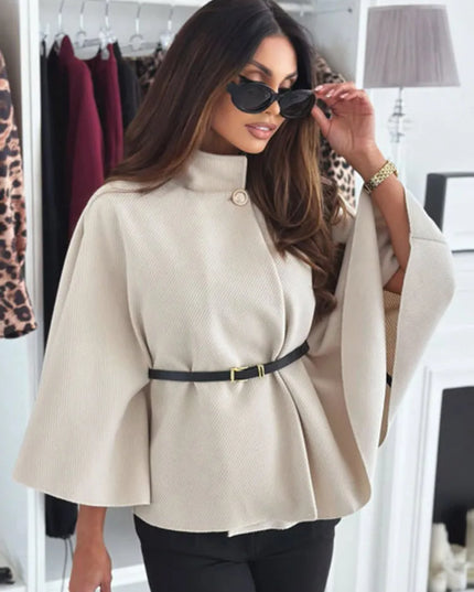 Woolen Cloak Cape Coat Women Elegant Stand Collar Oversize Batwing Sleeve Lady Jacket 2024 Autumn Winter Fashion Woman Ponchos