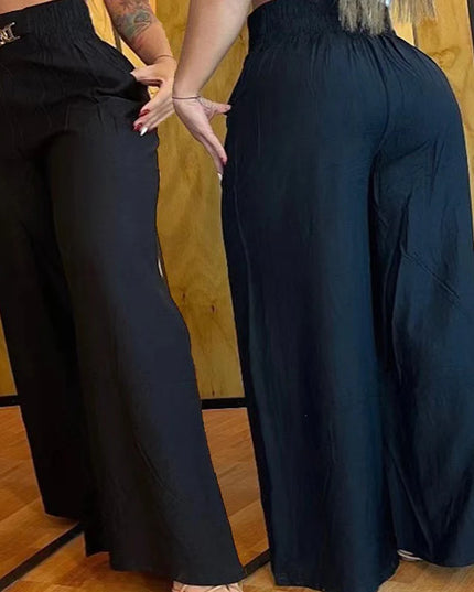 High Waist Solid Color Wide Leg Pants Summer Chic Loose Elegant Metal Flared Pant Office Ladies Straight Holiday Women Trousers
