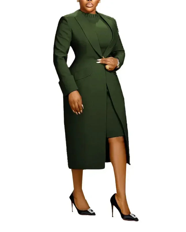Women's Set Full Sleeve Long Blazer Coat+ Long Dress Suit  Winter Streetwear T
