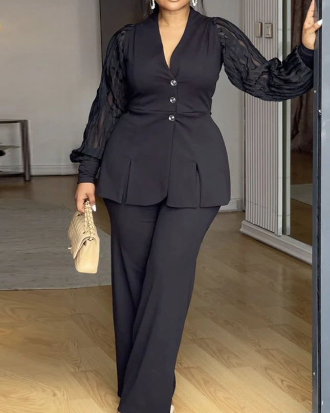 Two Piece Sets Women Outfits Button Front Top Wide Leg Pants Set with Sheer Long Sleeves