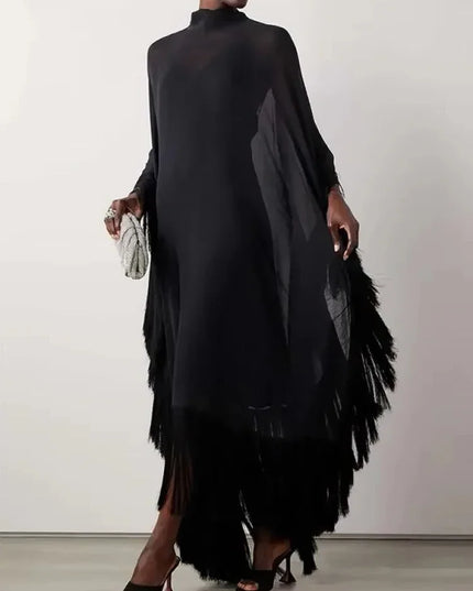 UOOZEE Women’s Black Tasseled Two-Piece Maxi Dress – See-Through Batwing Sleeve Spring Party Evening Dress 2025