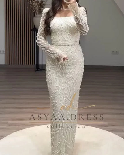 Contessa Dubai Beading Pearls Wedding Dress Square Collar Long Sleeves vestidos de noche Rear Forks فساتين سهرة Customized 2025