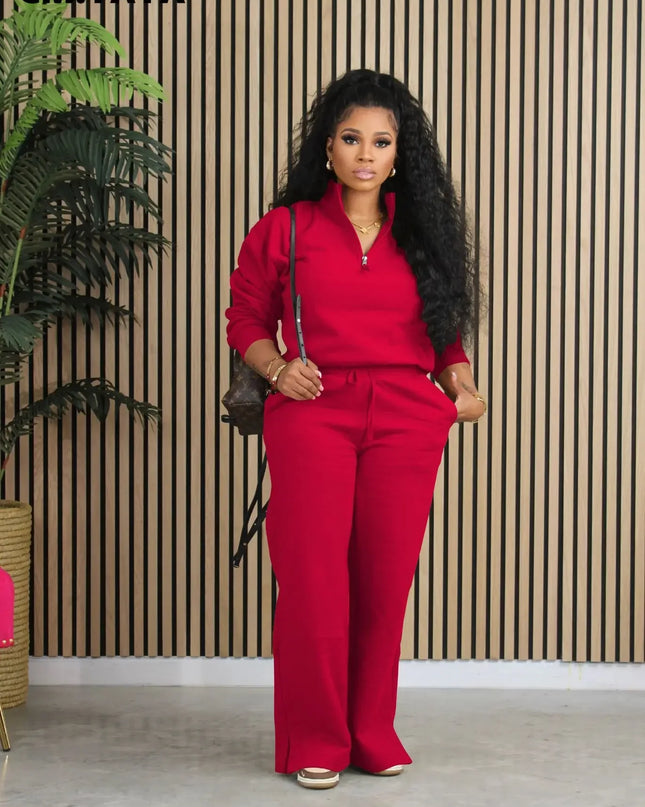 Fashion Women's Set Long Sleeve Zipper Fly Sweatshirt and Wide Leg Pants