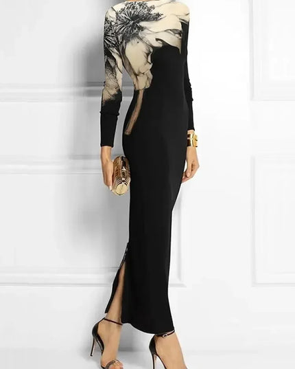 UOOZEE 2024 Autumn Women’s Floral Maxi Dress – Bodycon Long Sleeve, Boat Neck, Fashion A-Line Evening Dress, Urban Casual Style