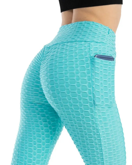 Women Fashion Pocket Bubble Pants Stretchy Slim Leggings Gym Running Cycling Fitness Pants High Waist Hip Lift Leggings Female