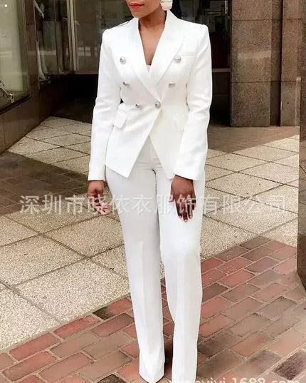 Women Pants Set Two Piece Sets Turn Down Collar White Blazer Elegant Coats Matching Sets Work High Waist Long Pants Suits