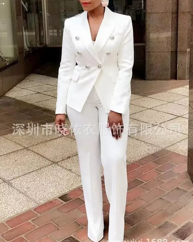 Women Pants Set Two Piece Sets Turn Down Collar White Blazer Elegant Coats Matching Sets Work High Waist Long Pants Suits