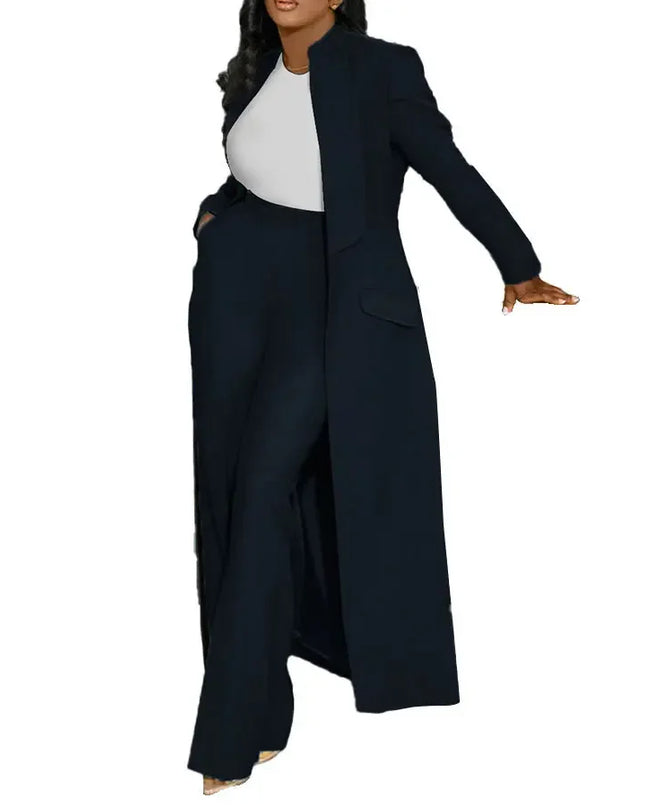 Women's Set Full Sleeve X-Long Blazer Coat+ Long Pant Suit