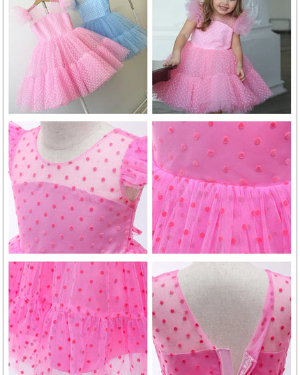 Flower Girl Wedding Dress Kids Pink Birthday Party Bow Princess Clothes Baby Evening Gala Costume Summer Ruffle Sleeve Tutu Gown