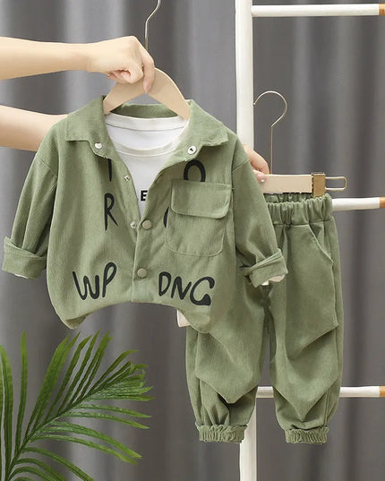 2025 New children's set boys' spring and autumn corduroy letter cardigan long sleeved two-piece set 1-5 years old
