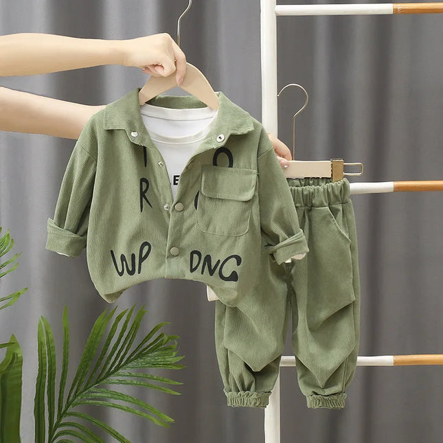 2025 New children's set boys' spring and autumn corduroy letter cardigan long sleeved two-piece set 1-5 years old