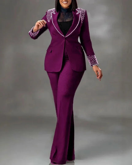 2 Pieces Women's Sets A Long Sleeve Pearl Blazers Suit