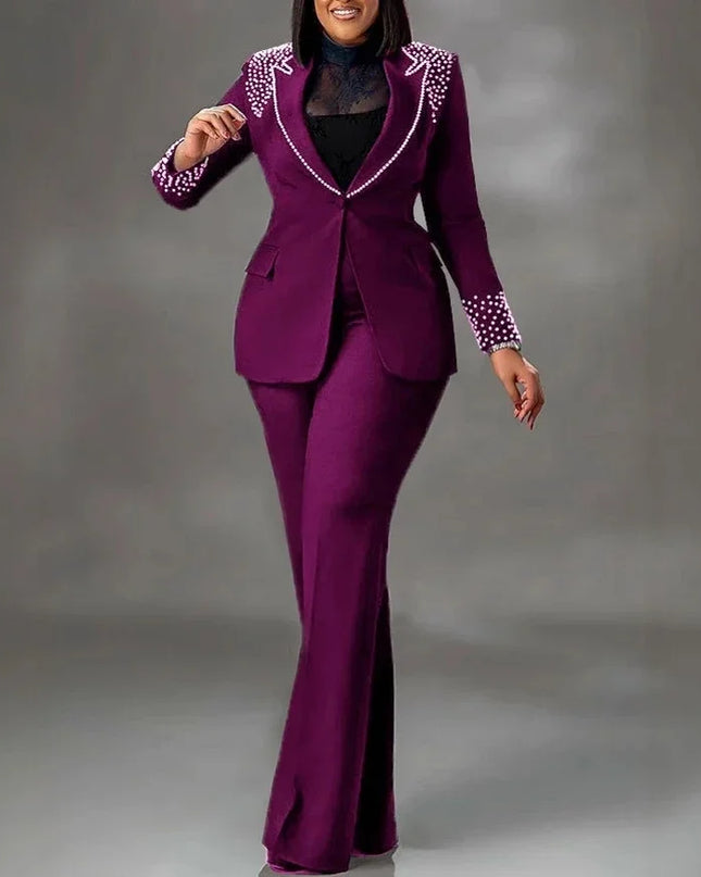 2 Pieces Women's Sets A Long Sleeve Pearl Blazers Suit