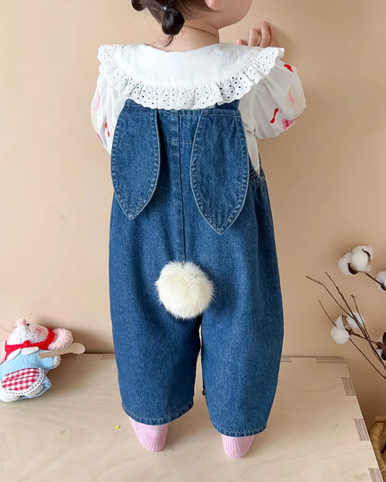 "2025 Autumn Baby Girl Sleeveless Denim Jumpsuit – Cute Rabbit Ear Overalls for Toddlers (0-24M)