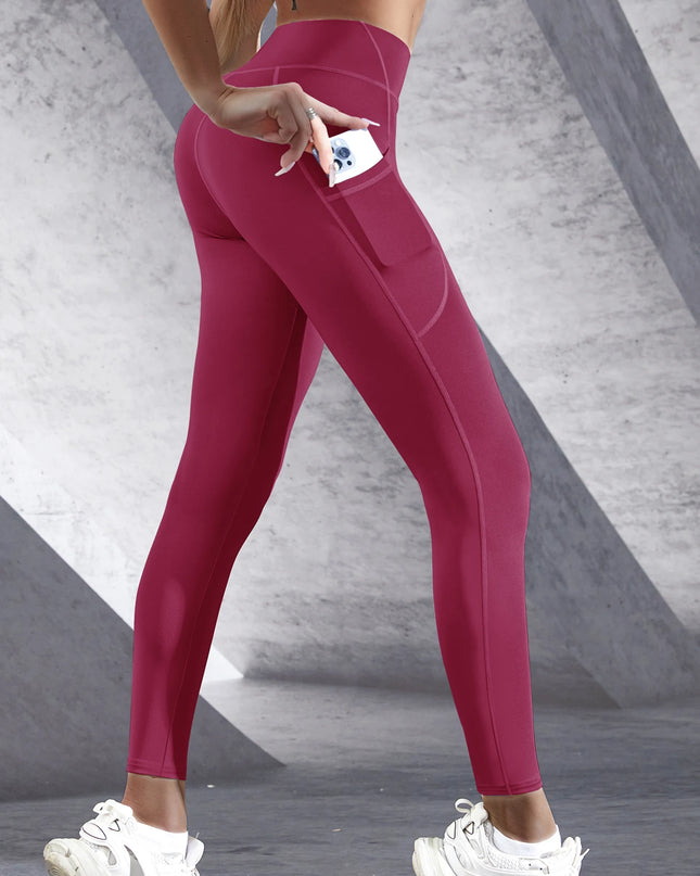 New High Waist Women's Leggings Stretch Yoga Pants Tights With Pockets Push Up Fitness Running Sportswear Solid Color Pants