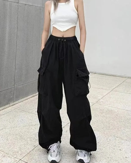 Women Casual Joggers Tech Pants Solid Low Waist Pants Drawstring Wide Leg Baggy Trousers Y2k Streetwear Oversize Sweatpants
