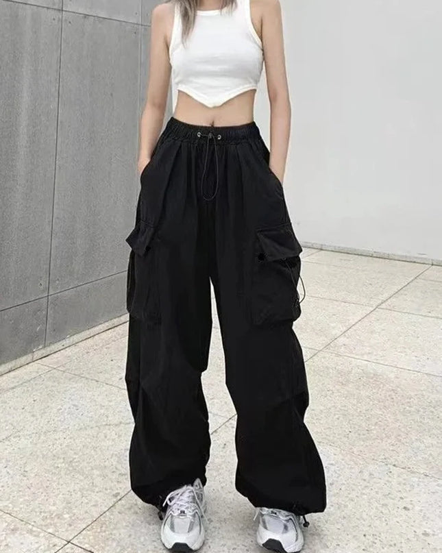 Women Casual Joggers Tech Pants Solid Low Waist Pants Drawstring Wide Leg Baggy Trousers Y2k Streetwear Oversize Sweatpants