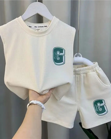 Kids Boys Summer Vest Set New Fashionable Baby Net Red Clothes Boys and Children's Fashion Two Piece Set Kids Outfits