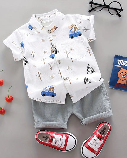 Infant and toddler summer full print bear driving pattern short sleeved shorts set for outdoor standing collar shirt fashion two