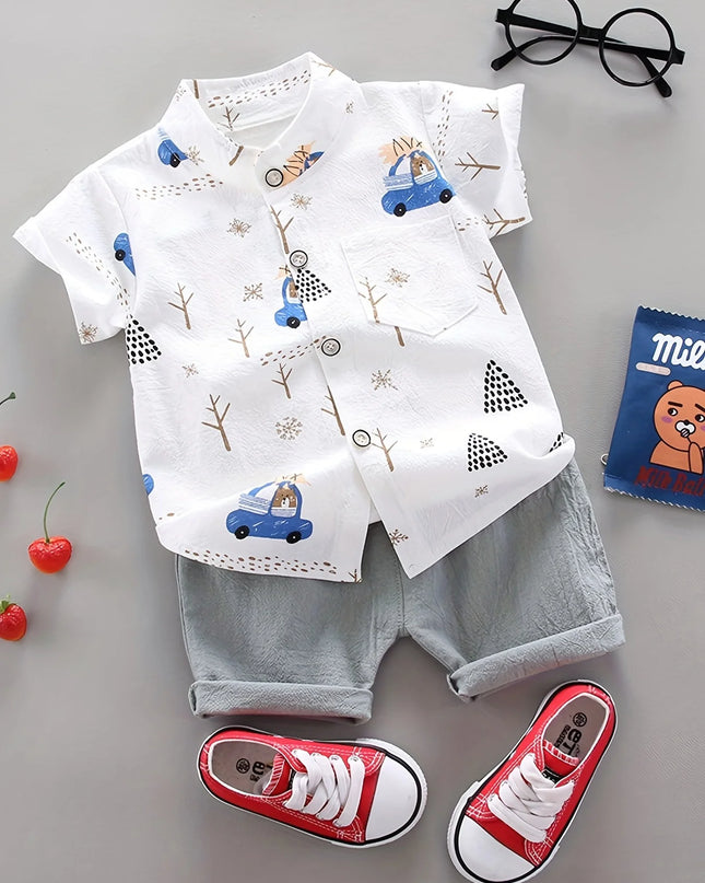 Infant and toddler summer full print bear driving pattern short sleeved shorts set for outdoor standing collar shirt fashion two