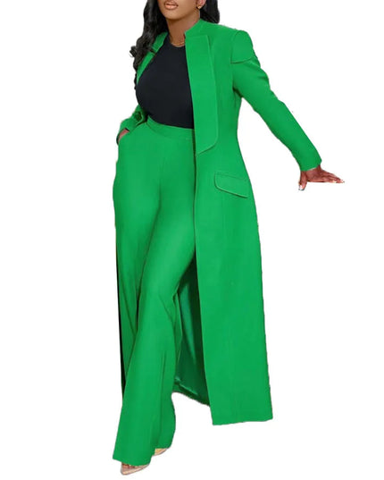 Women's Set Full Sleeve X-Long Blazer Coat+ Long Pant Suit