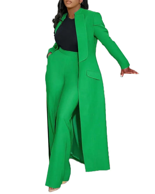 Women's Set Full Sleeve X-Long Blazer Coat+ Long Pant Suit