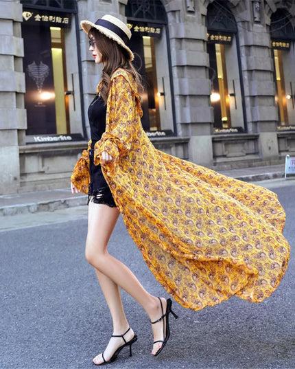 Korean Summer Women Chiffon Print Kimono Beach Cardigan Sheer Cover Up Sun Protection Clothing Long Blouse Shirts Female Tops