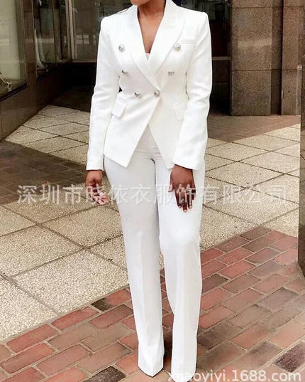 Women Pants Set Two Piece Sets Turn Down Collar White Blazer Elegant Coats Matching Sets Work High Waist Long Pants Suits